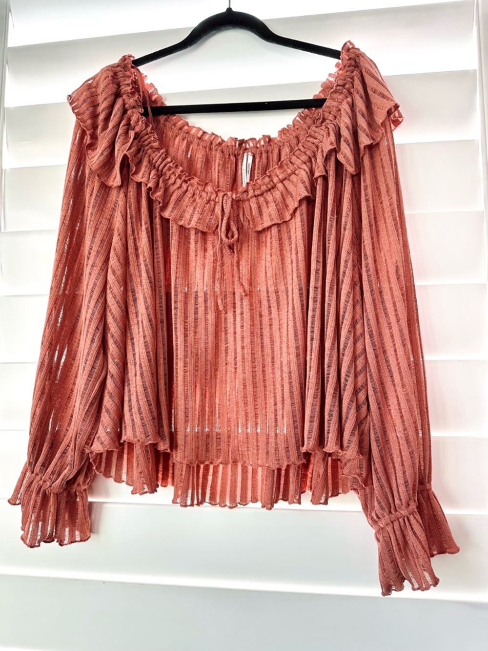 Anthropologie Womens Boho Rose Pink Sheer Stripe Long Sleeve Crop Top Size 2X